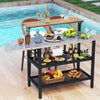 Outdoor foldable grill table with a wood-like flip-up top, two storage shelves, and a rustproof zinc-iron alloy.