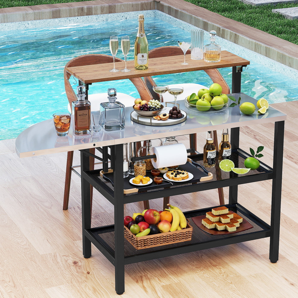 Outdoor foldable grill table with a wood-like flip-up top, two storage shelves, and a rustproof zinc-iron alloy.
