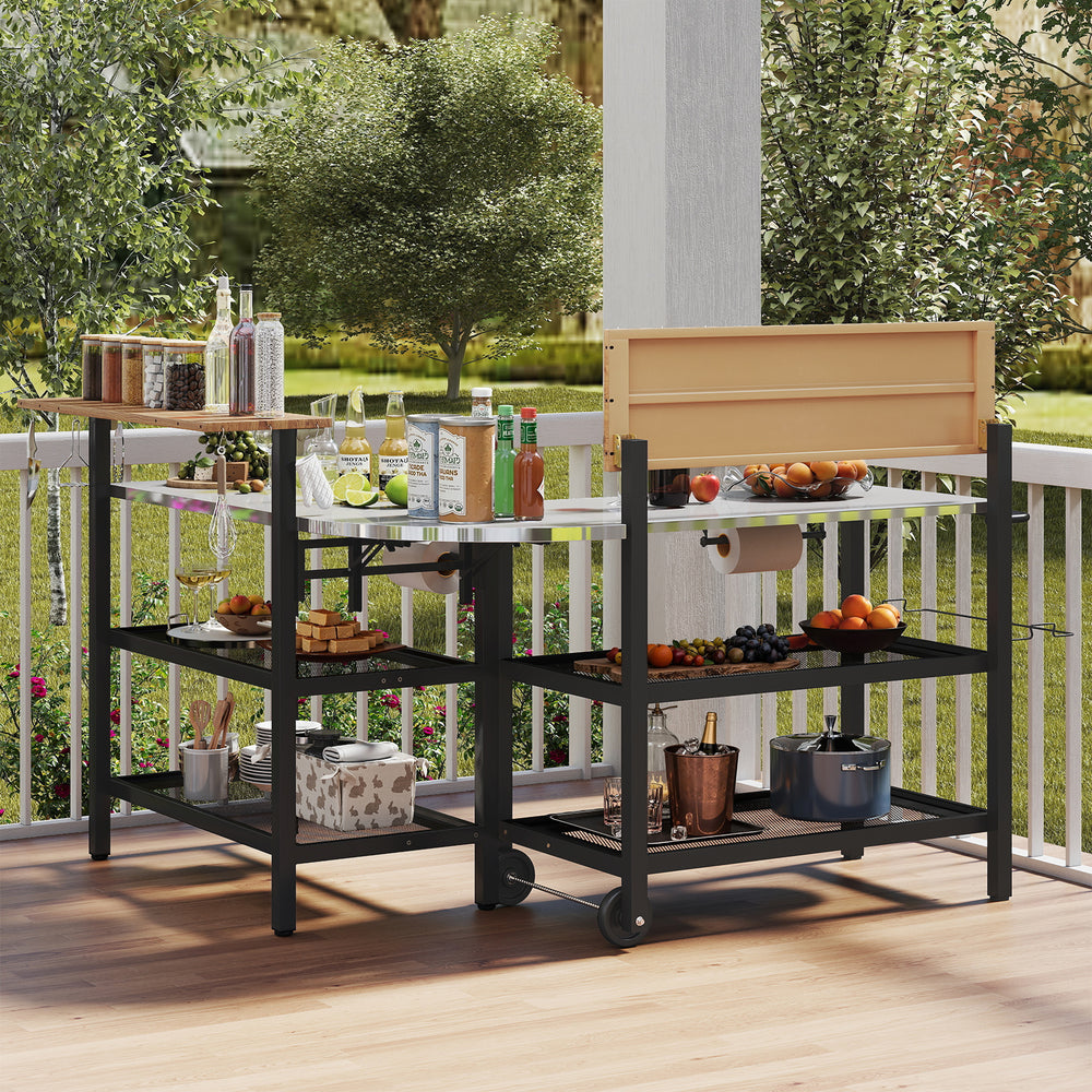 Outdoor foldable grill table with flip-up top, two storage shelves, and rustproof countertop for backyard gatherings.