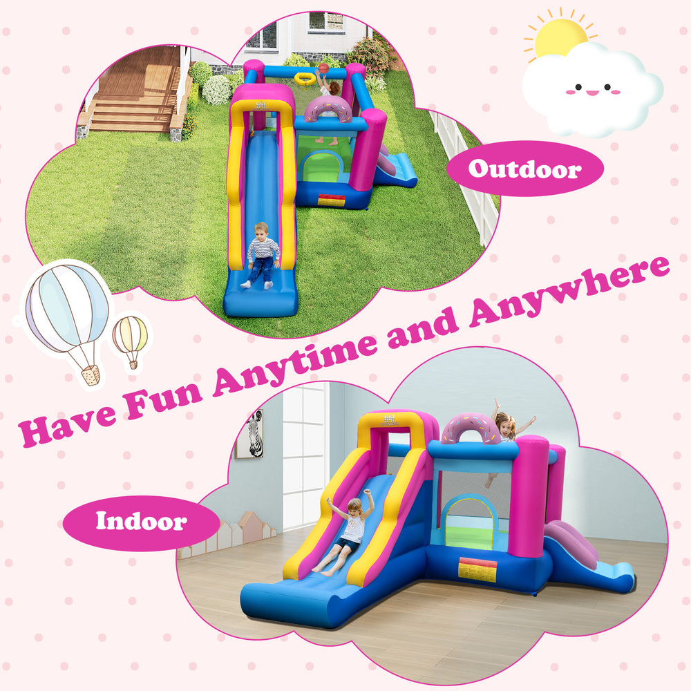 Inflatable bounce house with slides and basketball hoop, featuring a sweet doughnut theme for indoor and outdoor fun.