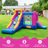 Inflatable bounce house with slides and basketball hoop, featuring a colorful doughnut theme for backyard fun.