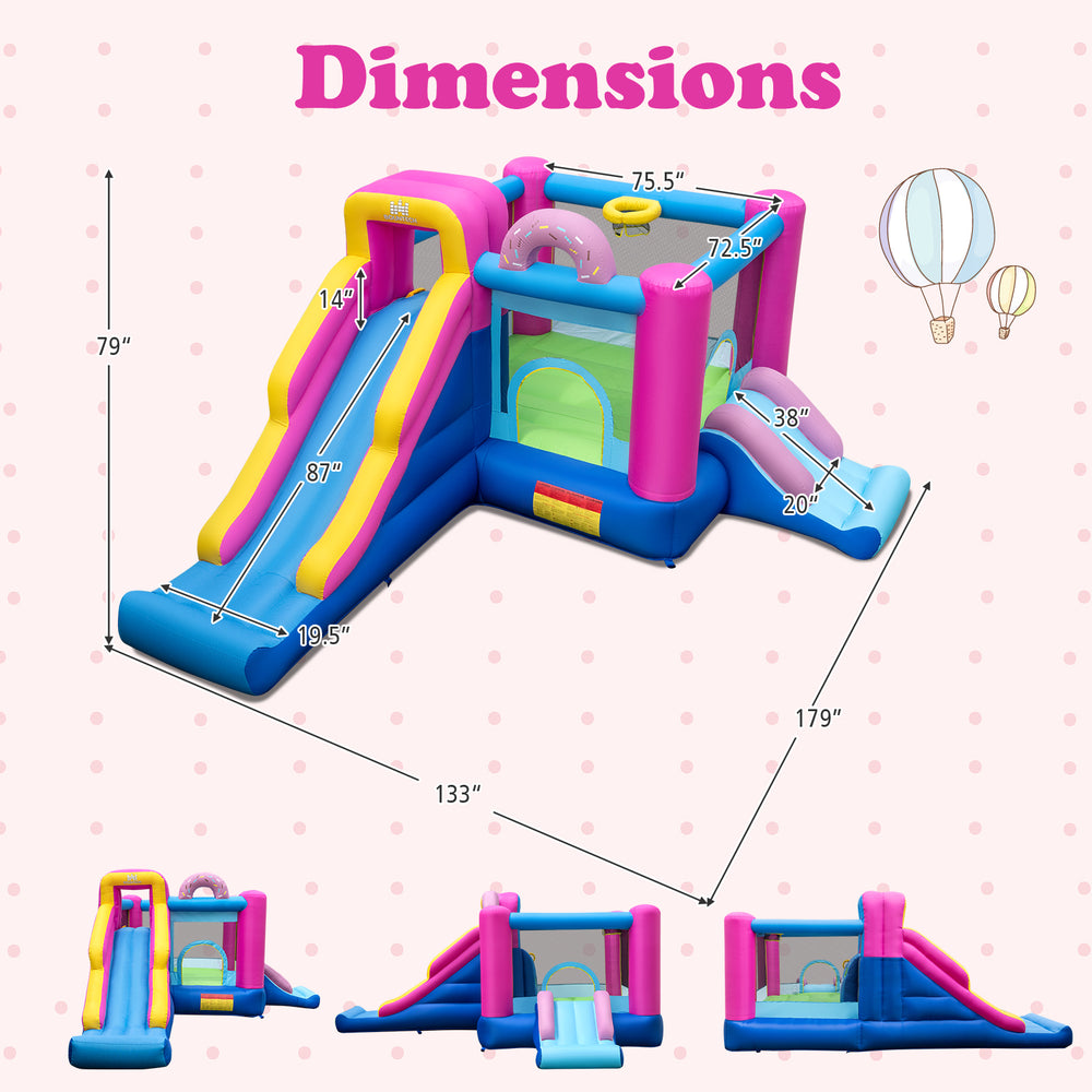 Inflatable bounce house with slides and basketball hoop, featuring a colorful doughnut theme and safety guardrails.