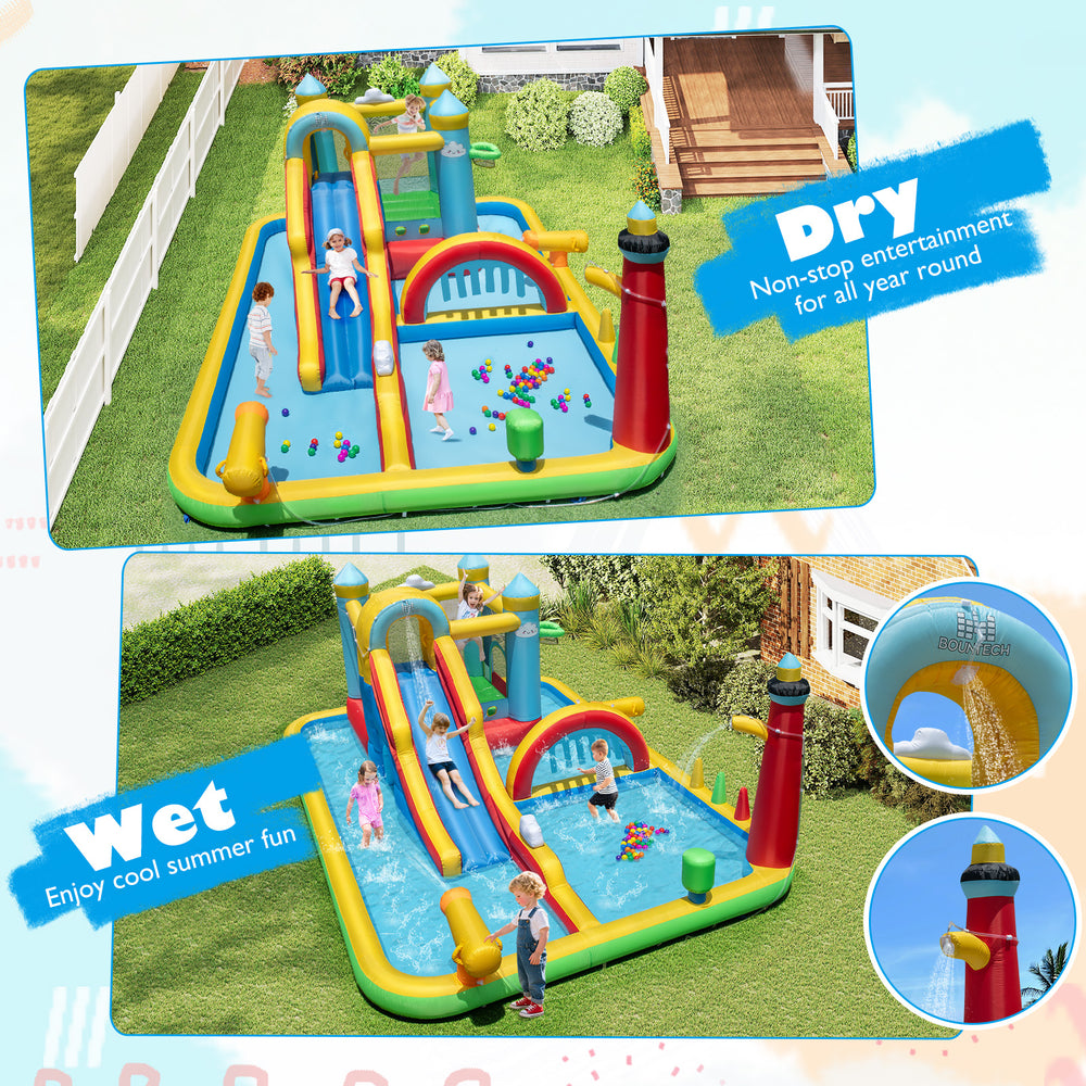 Inflatable water slide with climbing wall and jumping area, featuring splash pools and dual water cannons for.