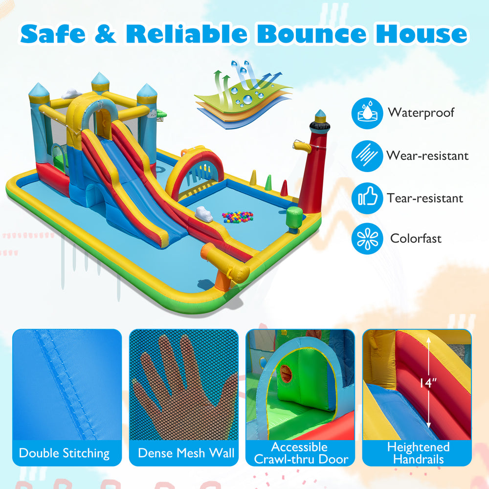 Inflatable water slide with climbing wall and jumping area, made of waterproof Oxford cloth, ideal for summer fun.