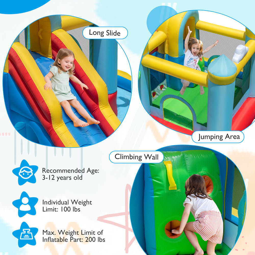 Inflatable water slide featuring a long slide, climbing wall, and jumping area for kids aged 3-12, perfect for outdoor.