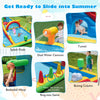 Inflatable water slide with climbing wall and jumping area, featuring splash pools and dual water cannons for summer.