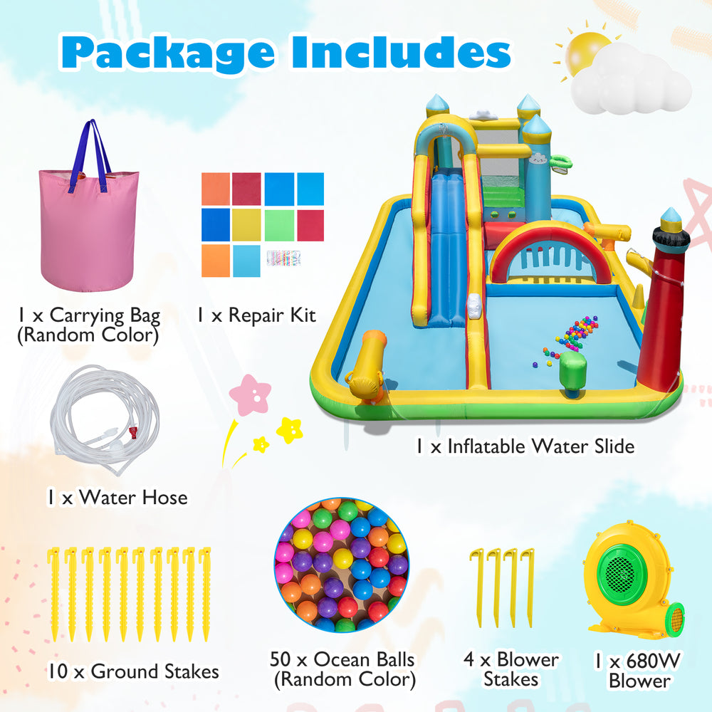 Inflatable water slide with climbing wall and jumping area, includes 680W blower, ideal for summer backyard fun.