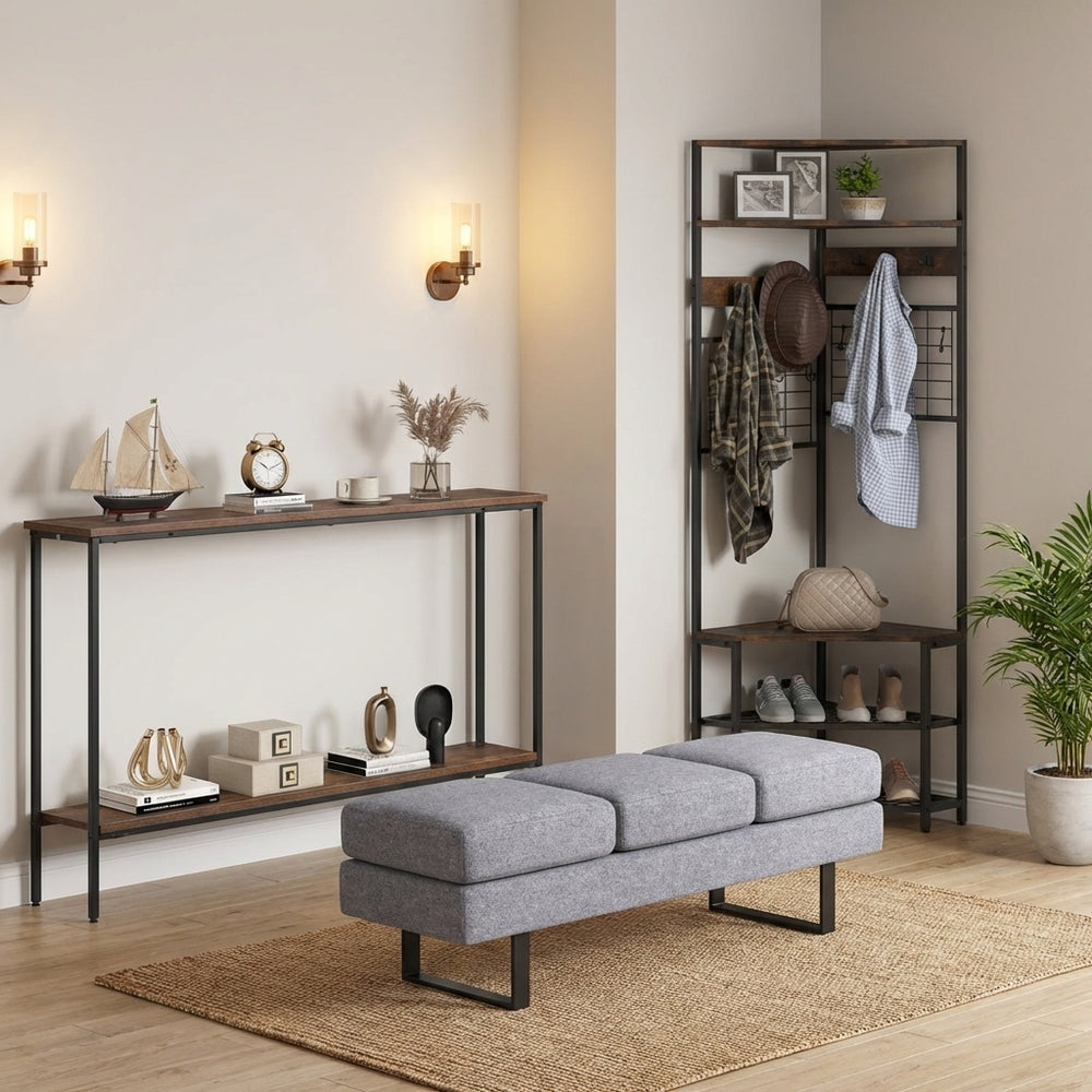 Entryway set featuring a 44-inch console table, 5-tier coat rack, and comfortable waiting room bench in a stylish.