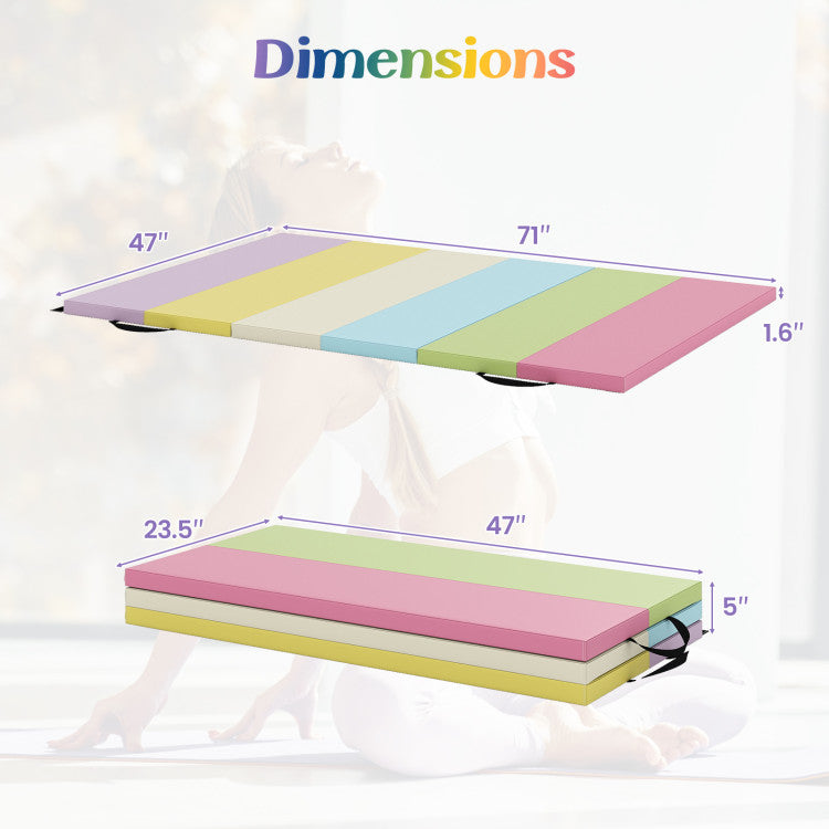 Colorful tri-folding gymnastics mat and balance beam dimensions, featuring high-density foam and waterproof cover for.