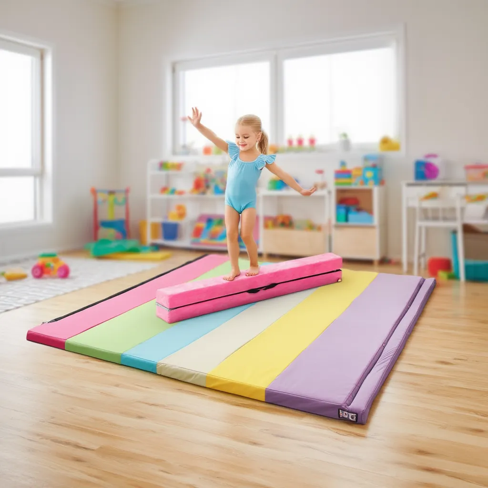 Colorful gymnastics mat and folding balance beam for kids, featuring thick foam cushioning and durable waterproof cover.