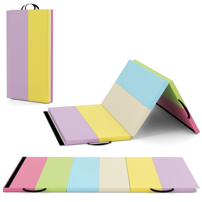 Colorful tri-fold gymnastics mat with waterproof cover and reinforced handles for easy portability and versatile use.