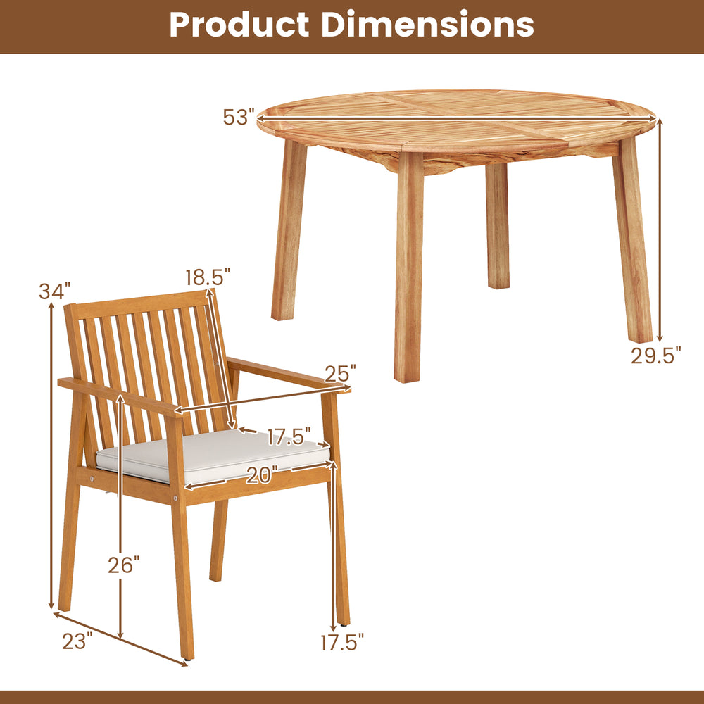 Round acacia wood dining table with dimensions, featuring a 2" umbrella hole, paired with a slatted armchair for patio.