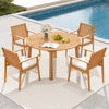 Acacia wood patio dining set with four chairs and cushions, featuring a 53" round table and umbrella hole for outdoor.
