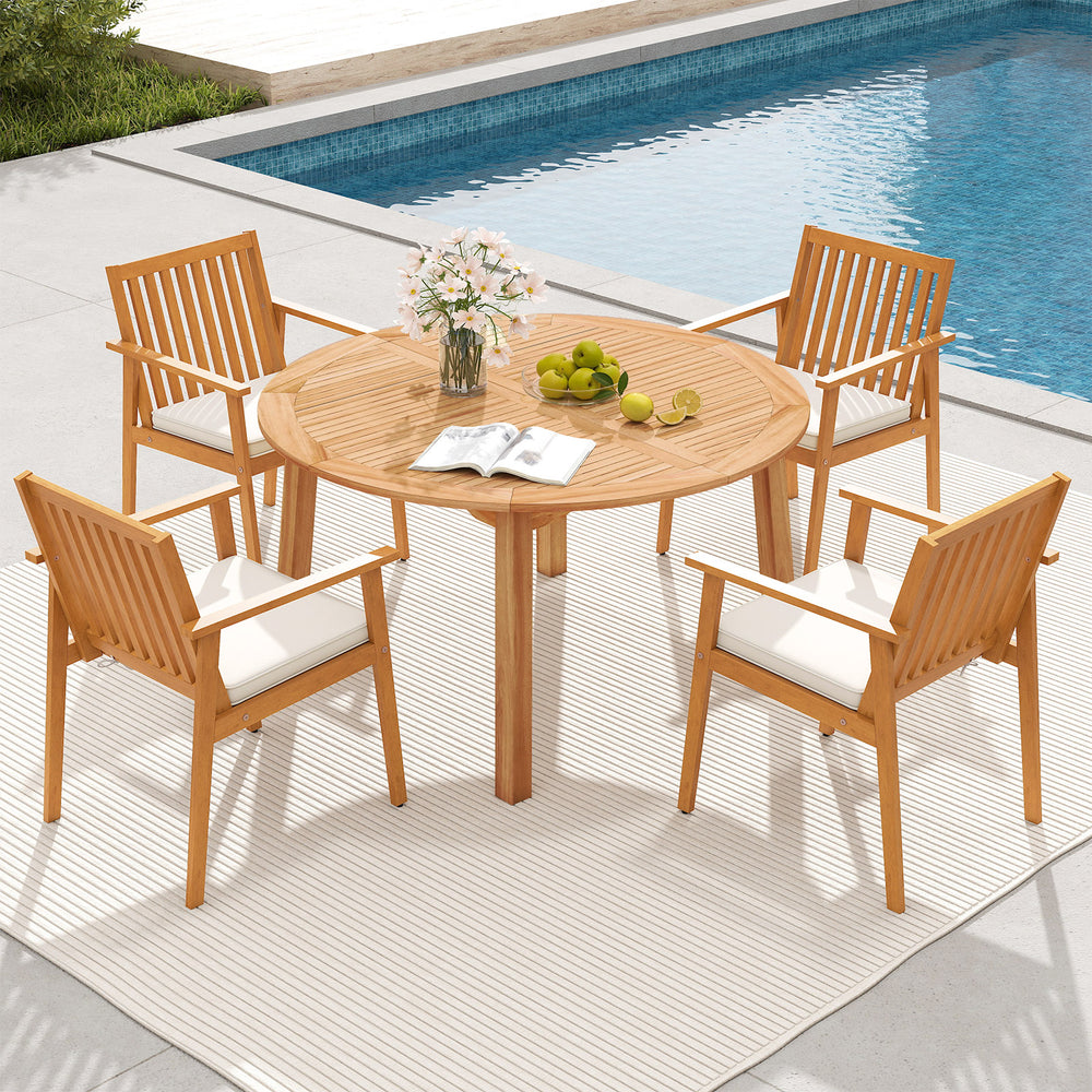 Acacia wood patio dining set with four chairs and cushions, featuring a 53" round table and umbrella hole for outdoor.