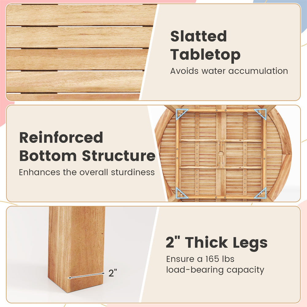 Reinforced bottom structure of a 5-piece acacia wood patio dining set, ensuring sturdiness and stability for outdoor.