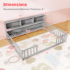 Montessori twin floor bed with toy storage cabinet, gray color, dimensions displayed for kids' bedroom or playroom.