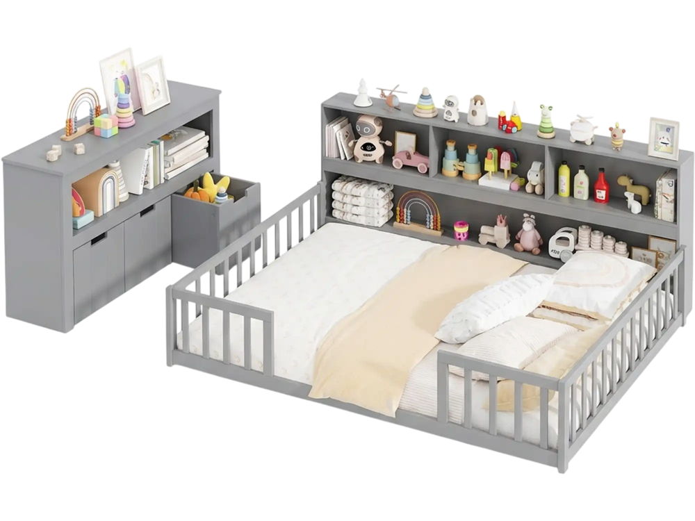 Montessori Twin Floor Bed and Kids Toy Storage Cabinet Bundle