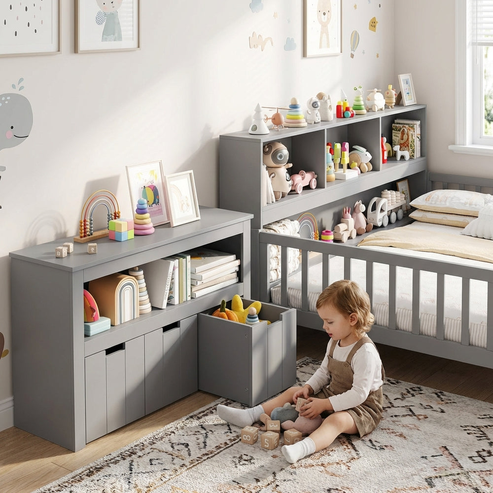 Montessori twin floor bed and gray toy storage cabinet bundle, promoting independence and organization in kids' rooms.
