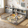 Montessori twin floor bed and kids toy storage cabinet in gray, promoting play and organization in a modern space.