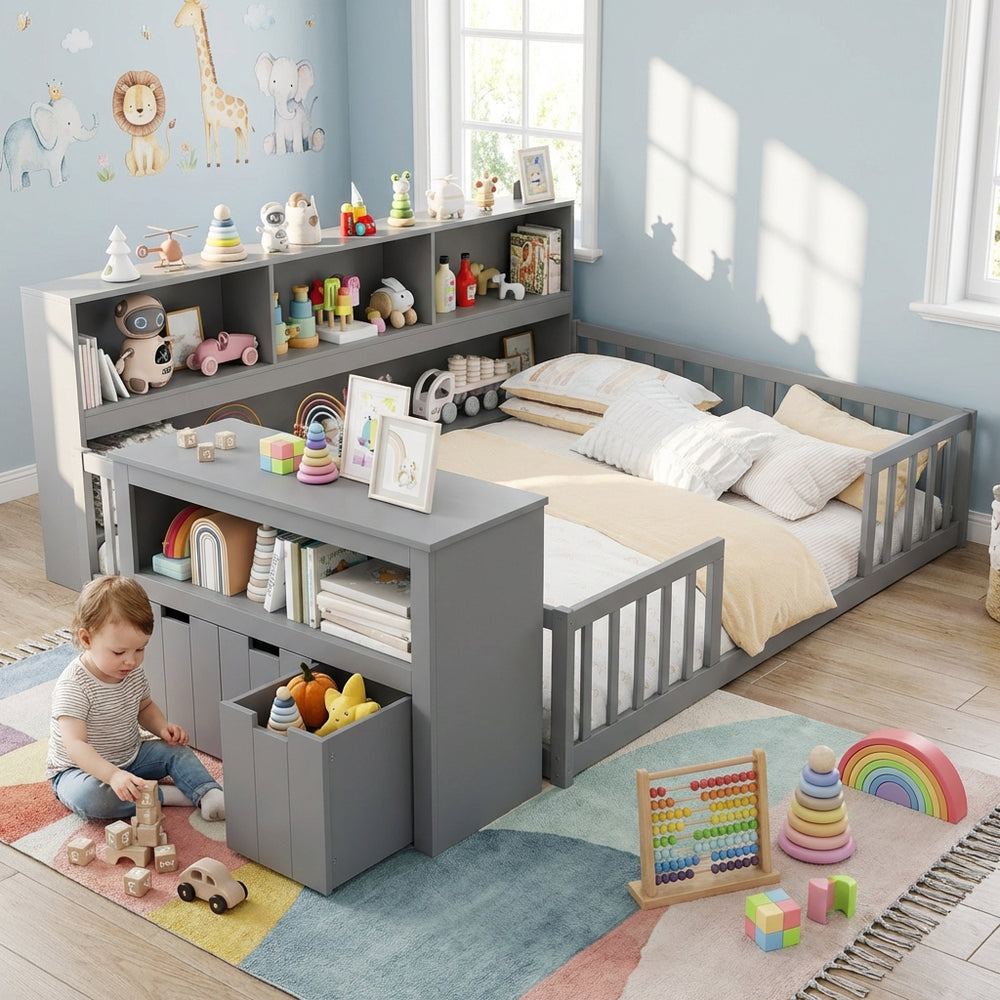 Montessori twin floor bed with toy storage cabinet in gray, designed for kids' independence and organized playroom.