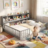 Montessori twin floor bed with toy storage cabinet in gray, promoting independence and organization for kids' spaces.