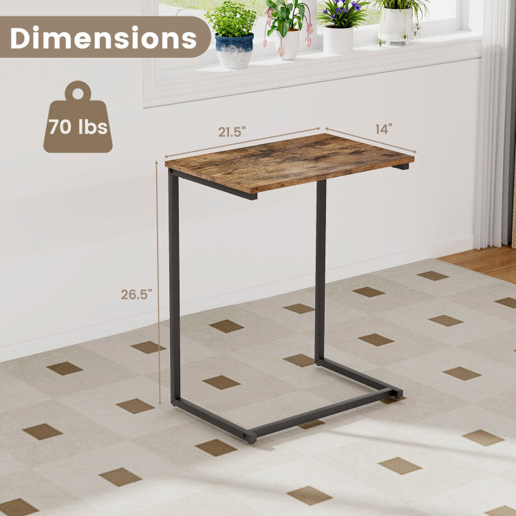 C-shaped end table with a rustic wood top and sturdy steel frame, perfect for laptops and snacks in any space.