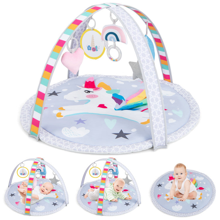 Baby play gym with removable sensory toys, thick velvet mat, and colorful ocean balls for safe, active play.
