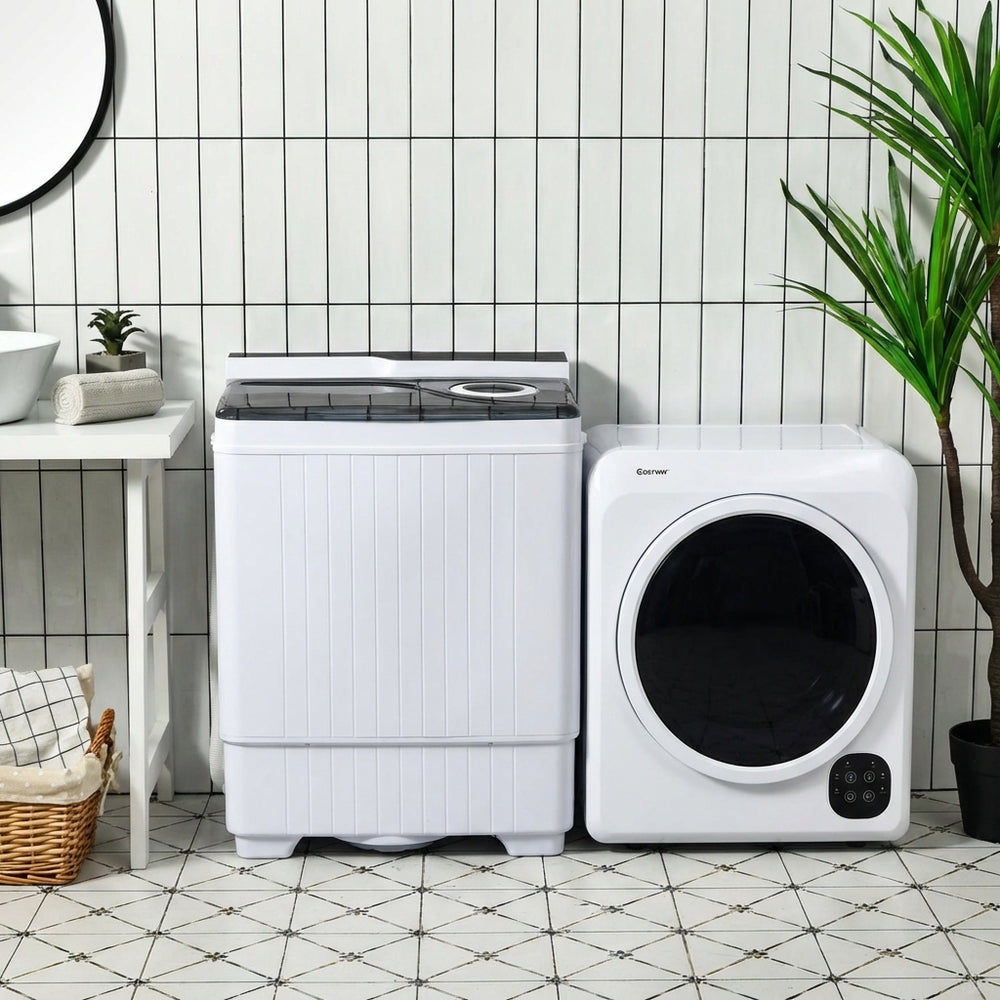 Compact washer and dryer laundry combo with dual tubs and stainless steel dryer, perfect for small spaces.
