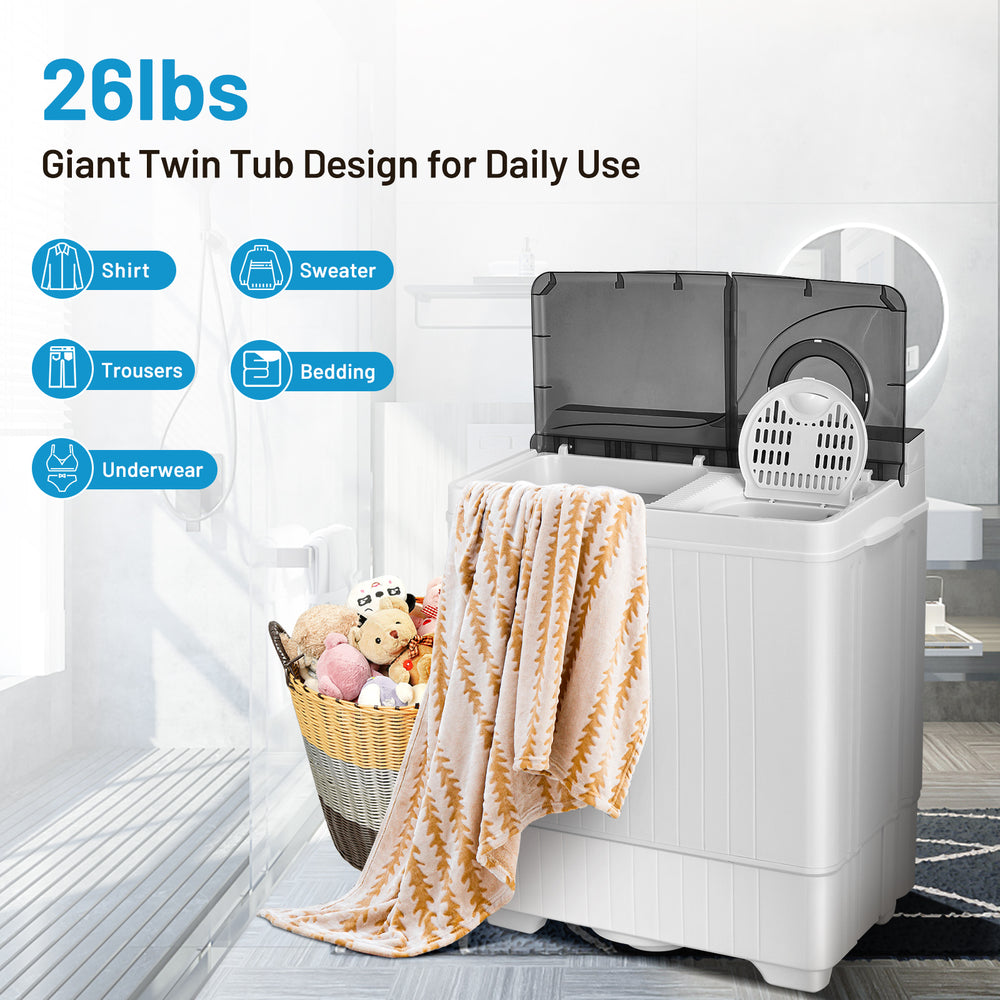 Compact washer and dryer combo with twin tubs, ideal for fast household laundry in small spaces.