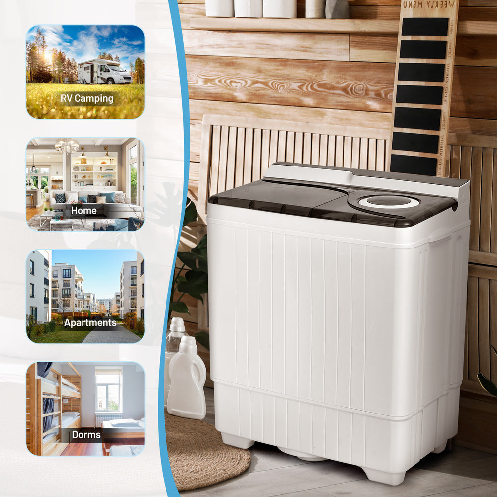 Compact washer and dryer laundry combo with dual tubs, stainless steel dryer, perfect for apartments and small spaces.