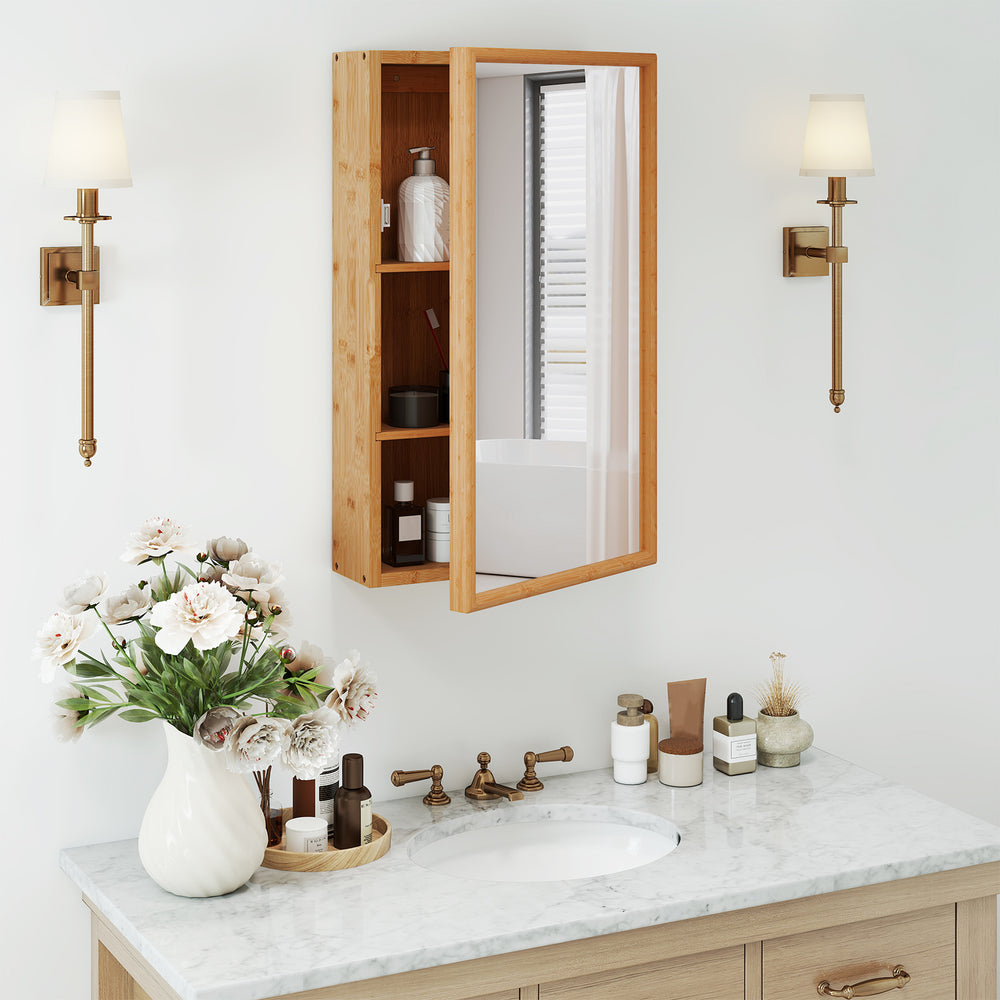 Bamboo small medicine cabinet with mirror door, featuring removable shelves for customized storage in a stylish.