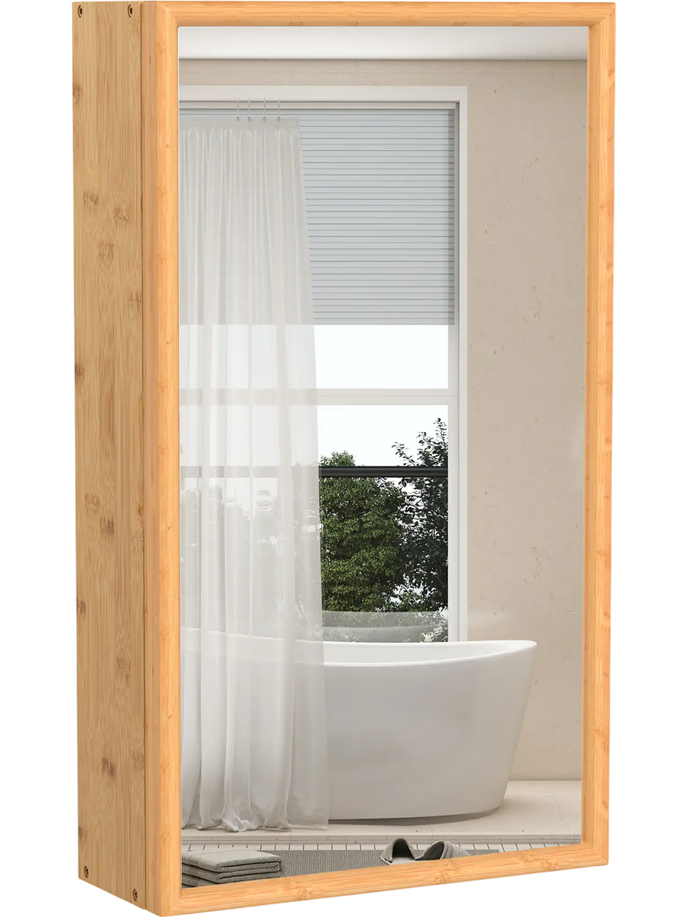 Bamboo small medicine cabinet with mirror door, featuring removable shelves for customized storage in natural finish.