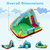 Overall dimensions of the 6-in-1 inflatable water slide park, featuring a slide, splash pool, and climbing wall for.