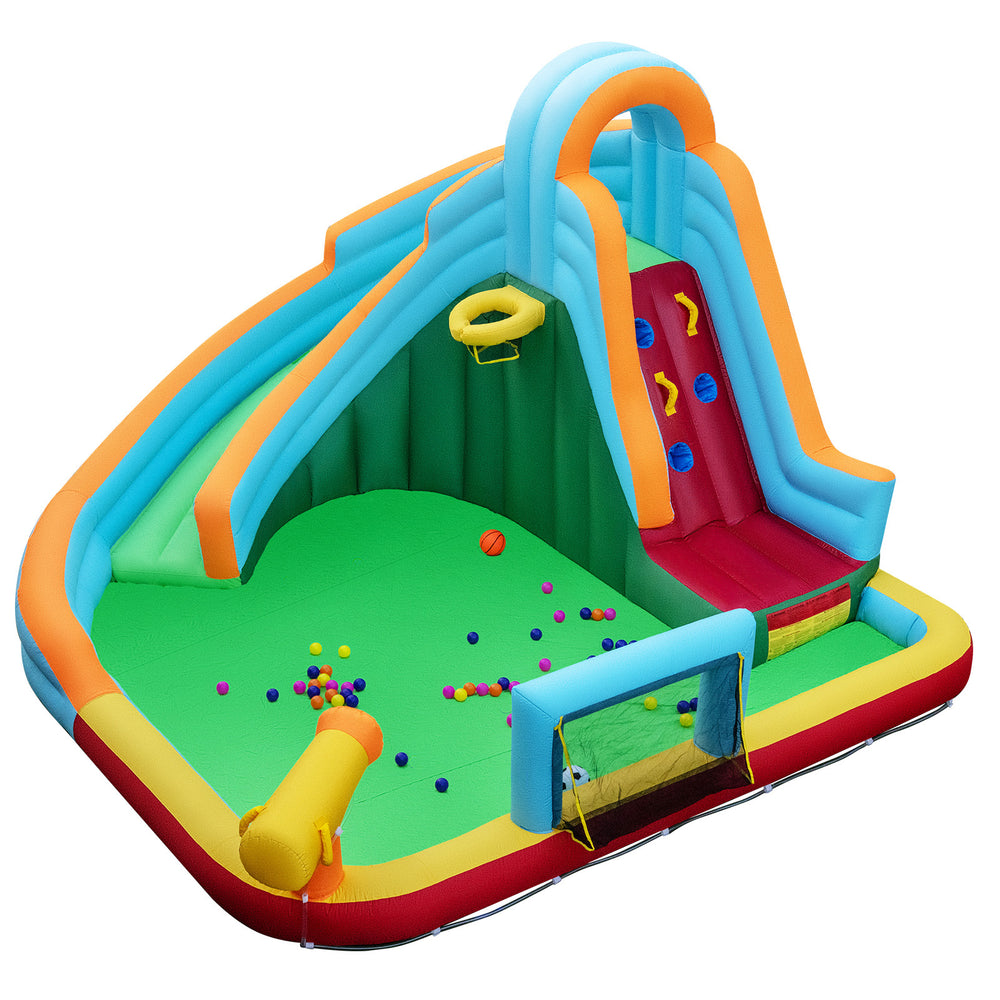 Colorful inflatable water slide park with climbing wall, splash pool, and basketball hoop for endless outdoor fun.