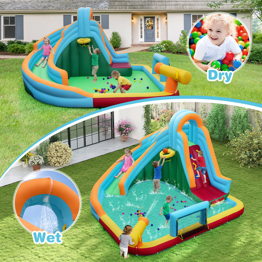 Inflatable 6-in-1 water slide park with climbing wall, splash pool, and basketball hoop for outdoor fun and adventure.