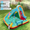 Inflatable water slide park with climbing wall, splash pool, and basketball hoop for kids' outdoor fun and safety.