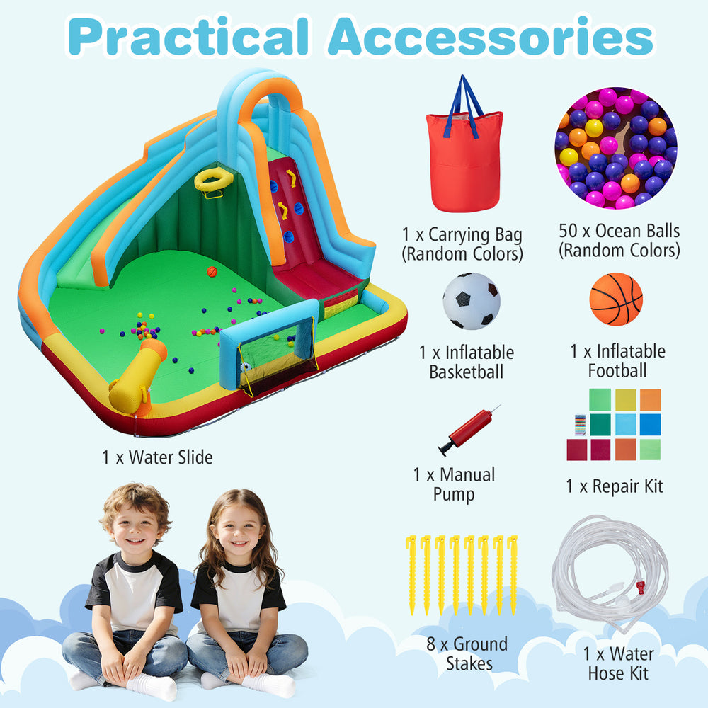 Inflatable Water Slide Park with climbing wall, splash pool, and accessories for outdoor fun and active play.
