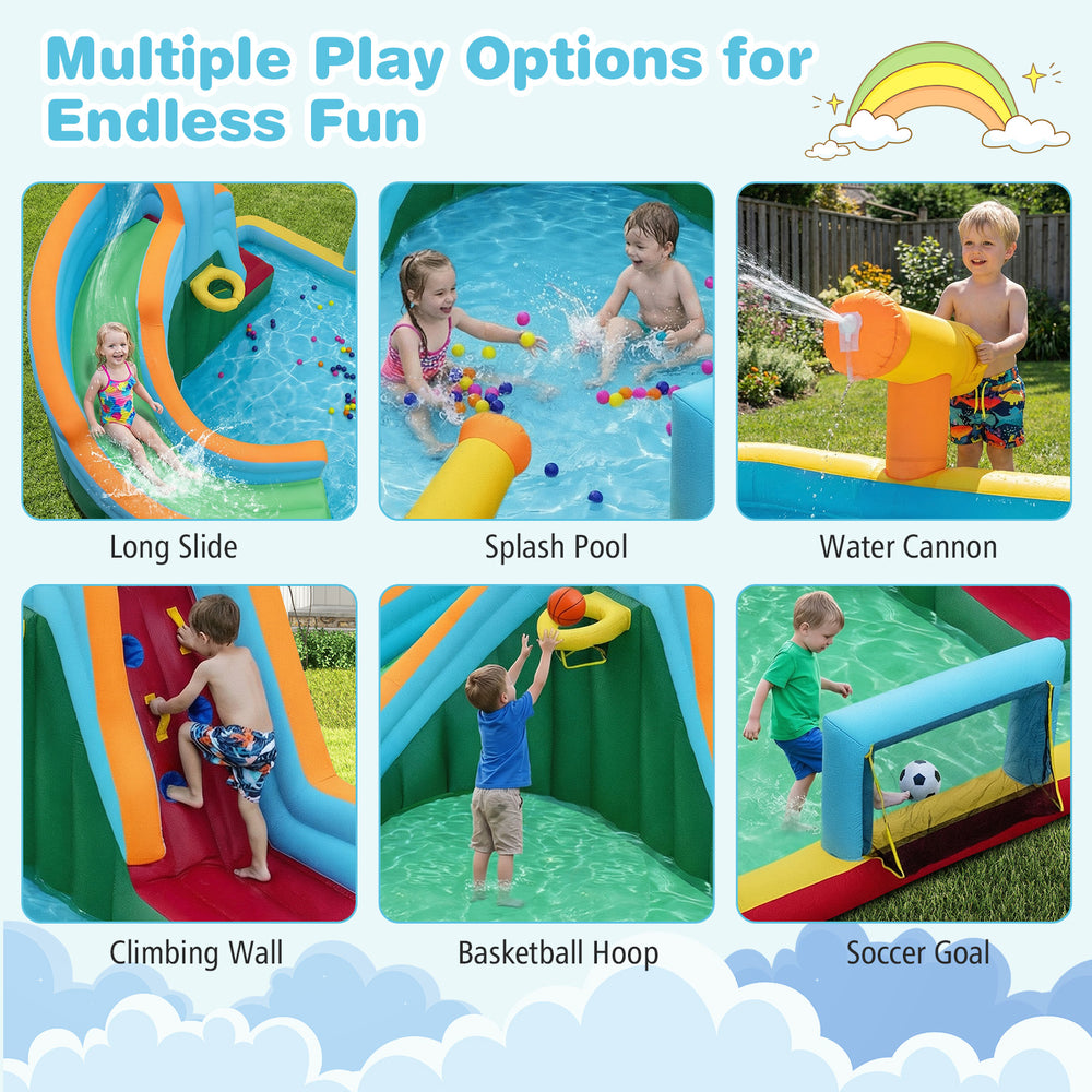 6-in-1 inflatable water slide park featuring a long slide, climbing wall, splash pool, and water cannon for outdoor fun.