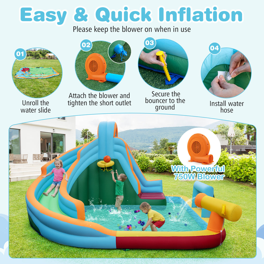 Inflatable 6-in-1 water slide park with climbing wall, splash pool, and water cannon for yard fun and easy setup.