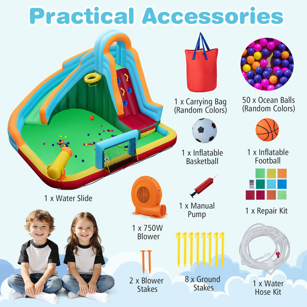 Inflatable water slide park with climbing wall, splash pool, and basketball hoop for outdoor fun and family gatherings.