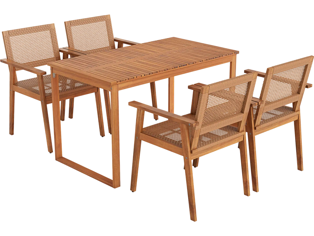 5 Pieces Acacia Wood Dining Set with Outdoor Table and Rattan Chairs for 4 Persons