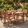 5-piece acacia wood dining set with rattan chairs, perfect for outdoor dining on patios or gardens.