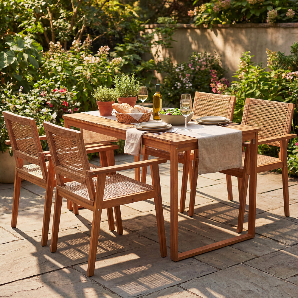 5-piece acacia wood dining set with rattan chairs, perfect for outdoor dining on patios or gardens.