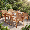 5-piece acacia wood dining set with rattan chairs, perfect for outdoor dining in gardens or patios.