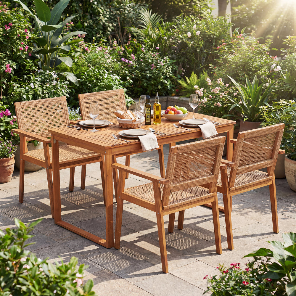 5-piece acacia wood dining set with rattan chairs, perfect for outdoor dining in gardens or patios.
