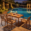 5-piece acacia wood dining set arranged by the pool, featuring a large table and stylish rattan chairs for outdoor.