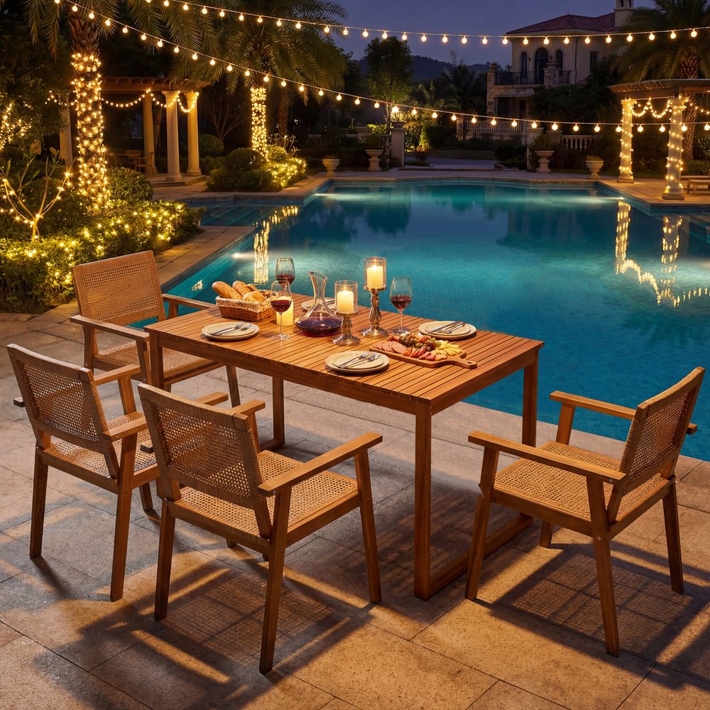 5-piece acacia wood dining set arranged by the pool, featuring a large table and stylish rattan chairs for outdoor.