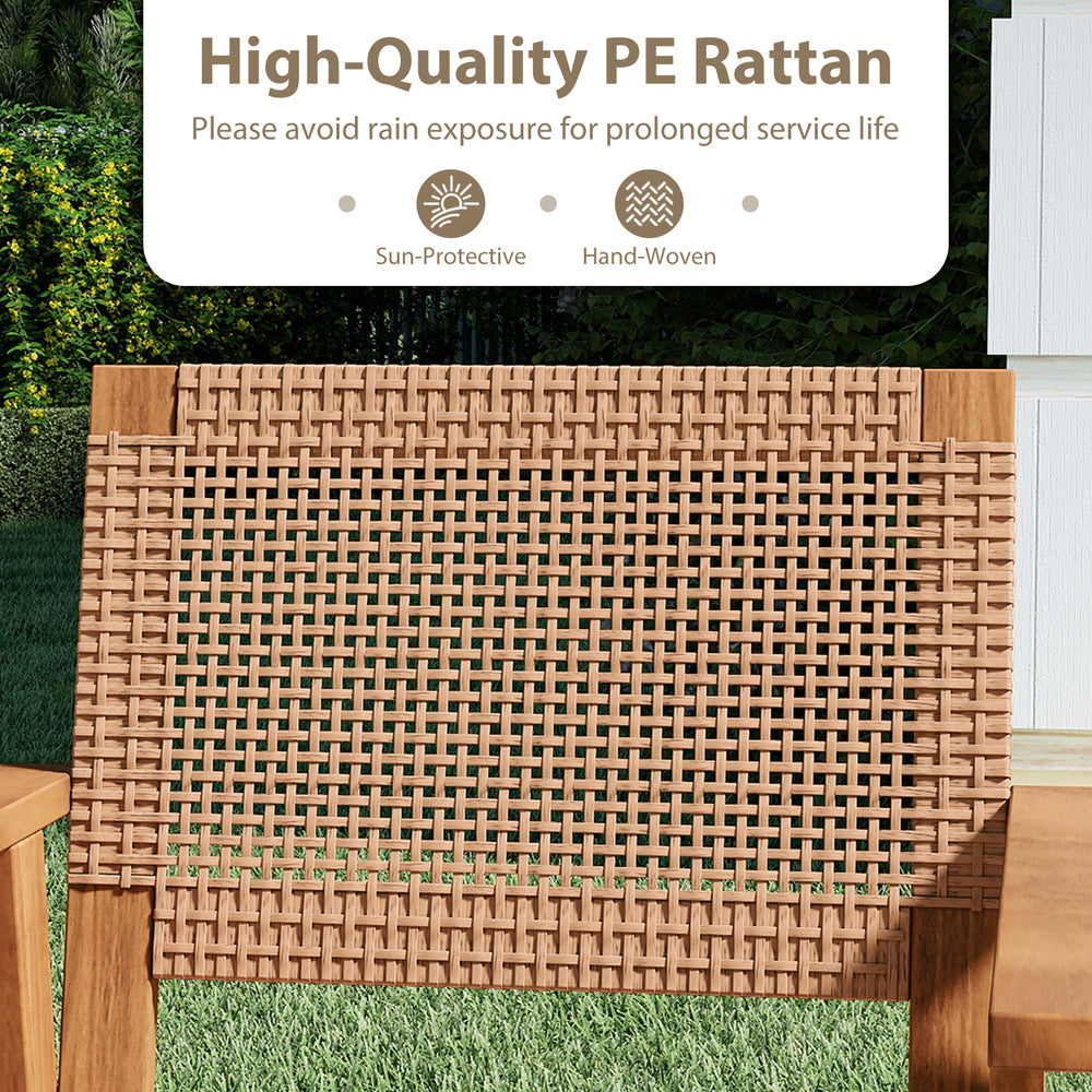 Close-up of hand-woven PE rattan detail on a chair from a 5-piece acacia wood dining set for outdoor use.