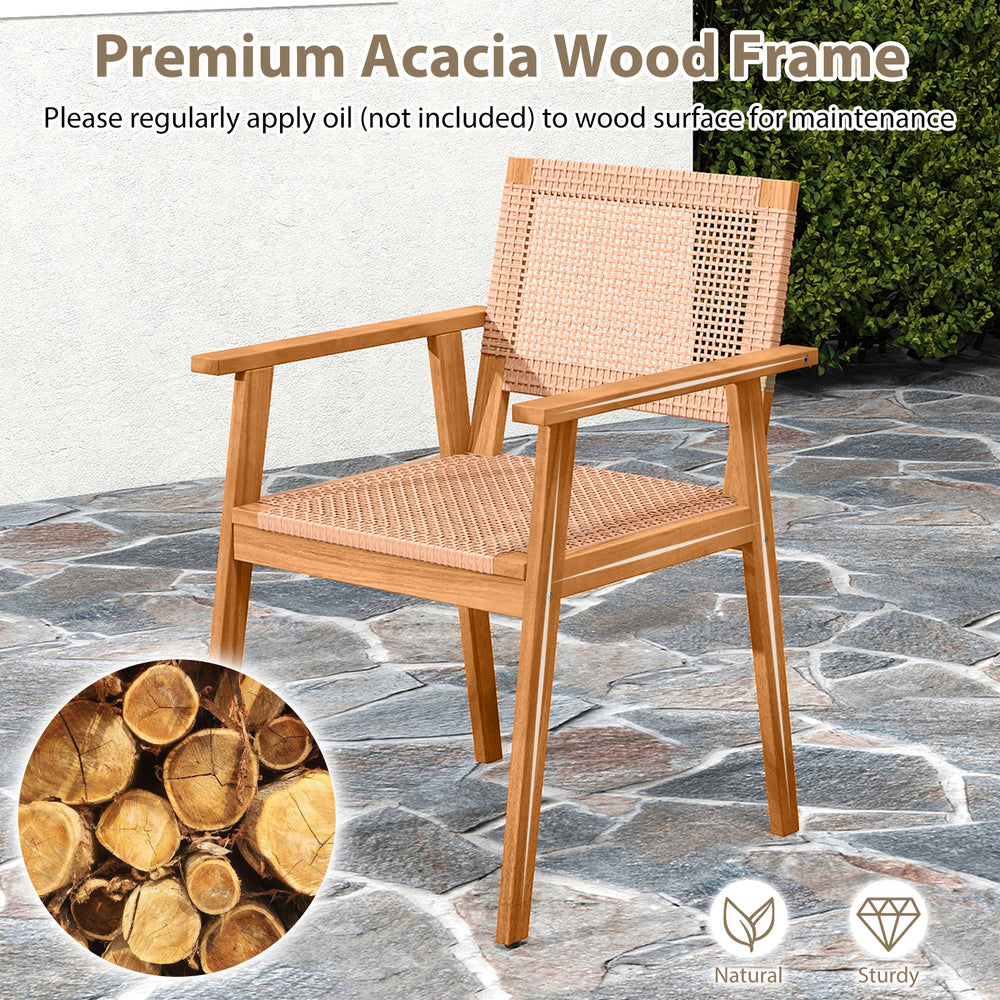 Acacia wood dining chair with rattan seat, showcasing sturdy construction for outdoor dining and stylish comfort.