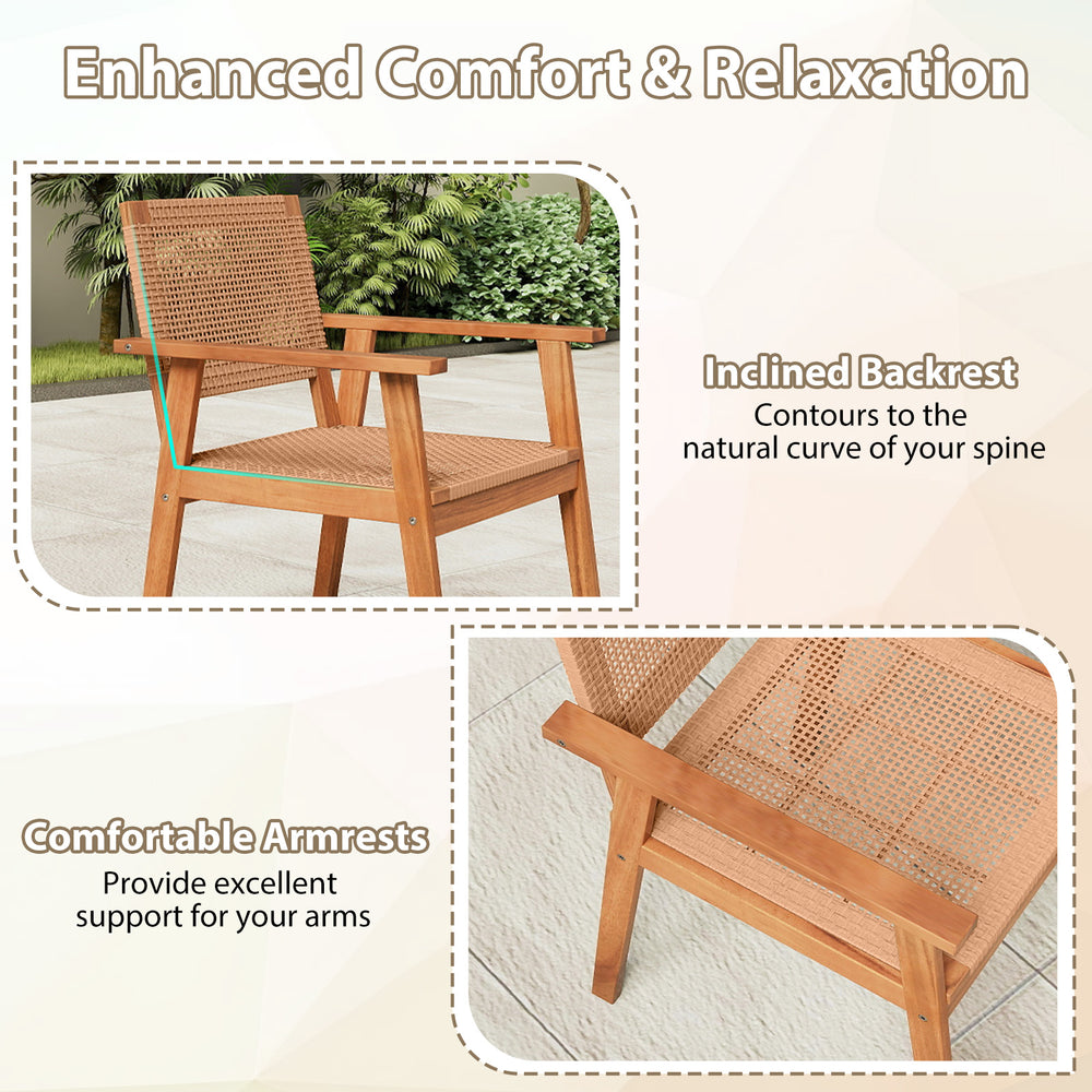Inclined backrest and comfortable armrests of rattan chair in 5-piece acacia wood dining set for outdoor use.